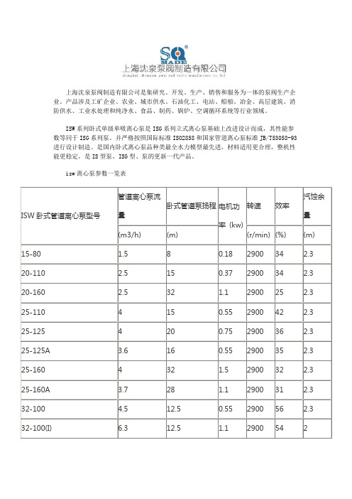 isw离心泵参数一览表