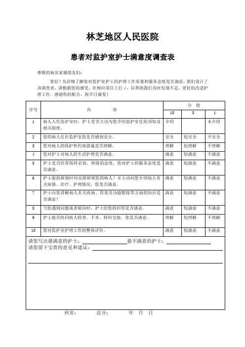 ICU满意度调查表