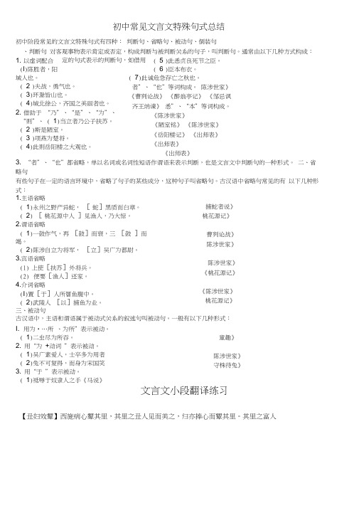 初中阶段常见的文言文特殊句式有四种：判断句、省略句、被动句、倒装句。