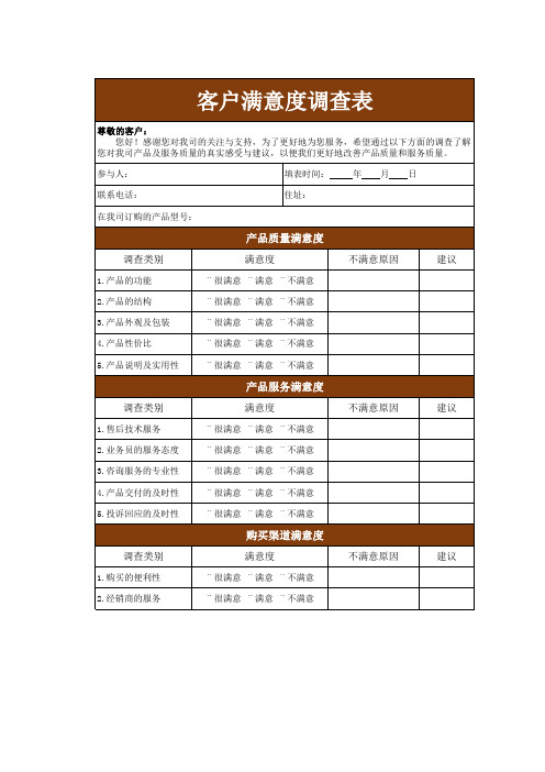 客户满意度调查表标准excel模板