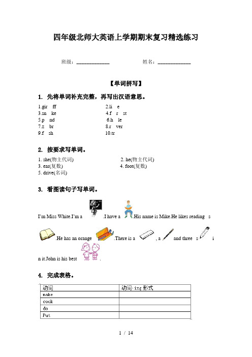 四年级北师大英语上学期期末复习精选练习