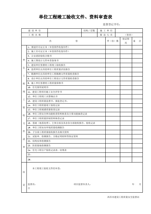 单位工程竣工验收文件、资料审查表