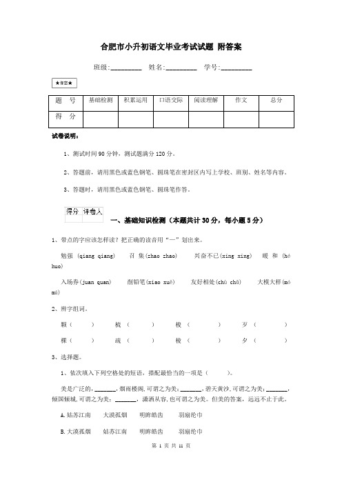 合肥市小升初语文毕业考试试题 附答案