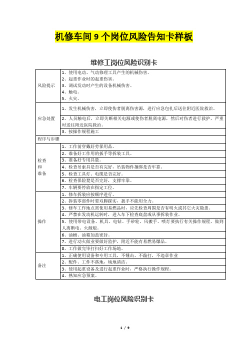 机修(检修)车间9个岗位风险告知卡样板