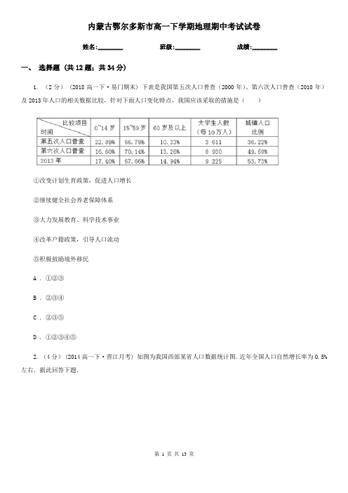 内蒙古鄂尔多斯市高一下学期地理期中考试试卷