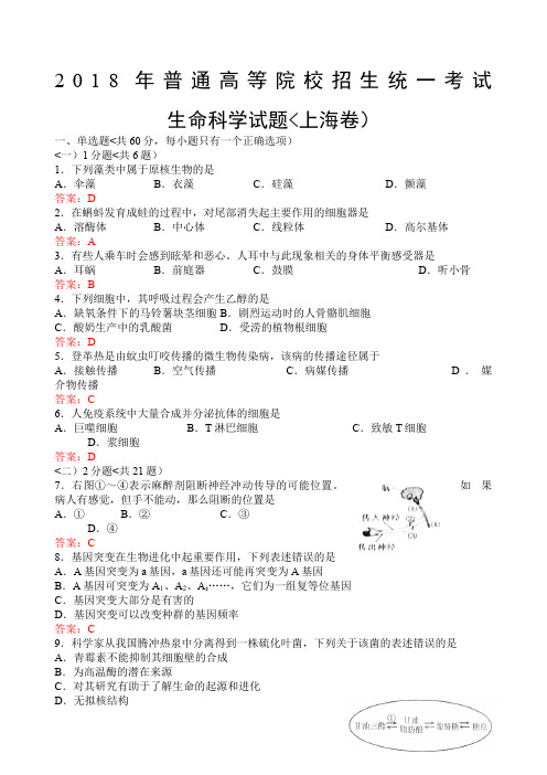 上海高考生物试卷及答案