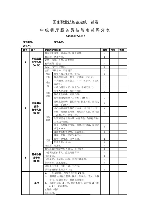 国家职业技能鉴定-中级餐厅服务员技能考核评分表