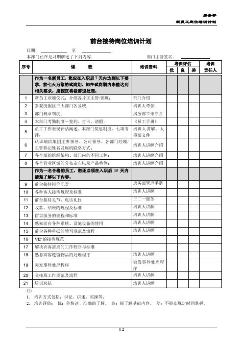 前台接待-岗位培训计划书