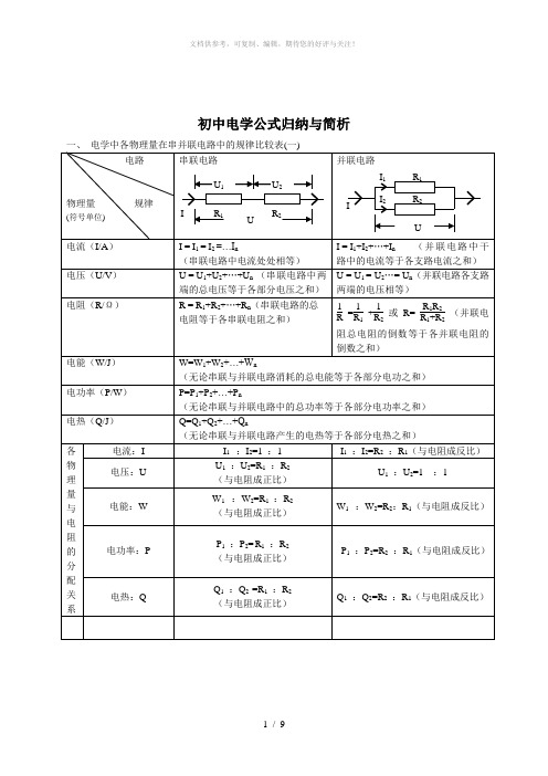 初中电学公式归纳与简析 练习及答案