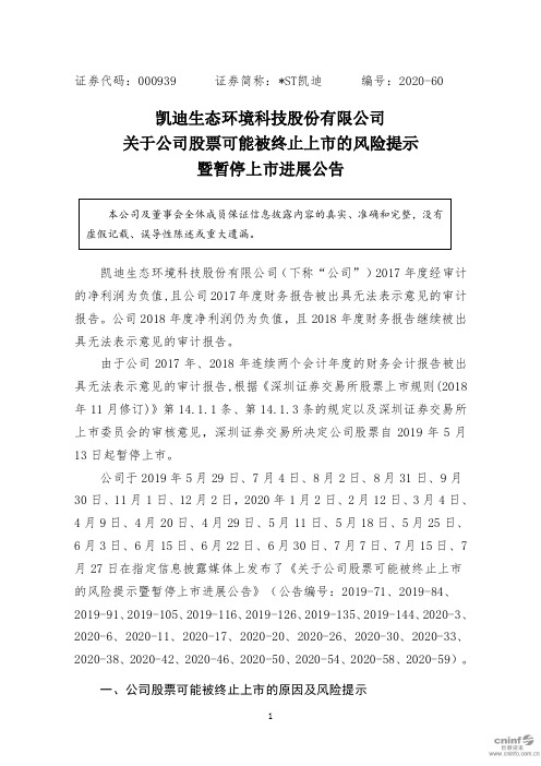 ST凯迪：关于公司股票可能被终止上市的风险提示暨暂停上市进展公告 (1)