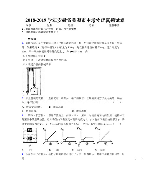 最新2018-2019学年安徽省芜湖市中考物理真题试卷及解析