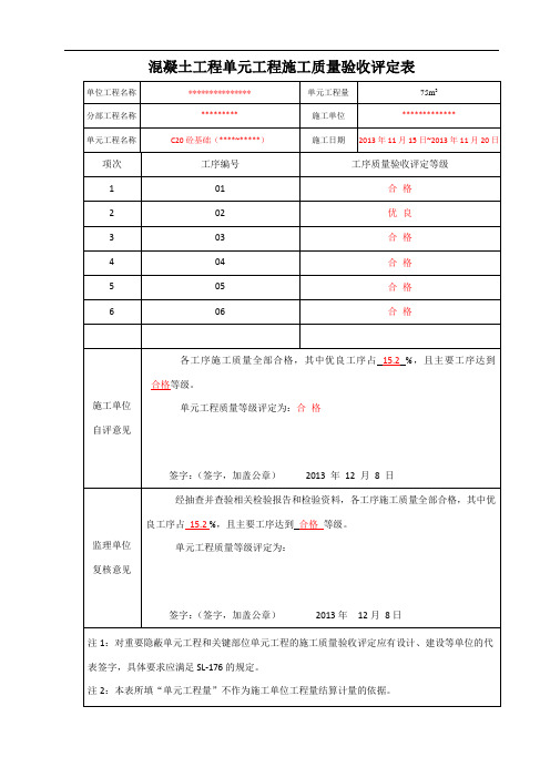 最新混凝土单元工程施工质量验收评定表(已填)