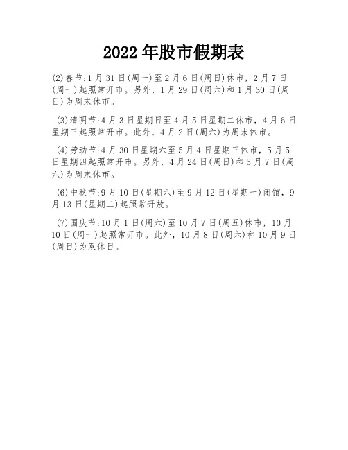 2022年股市假期表