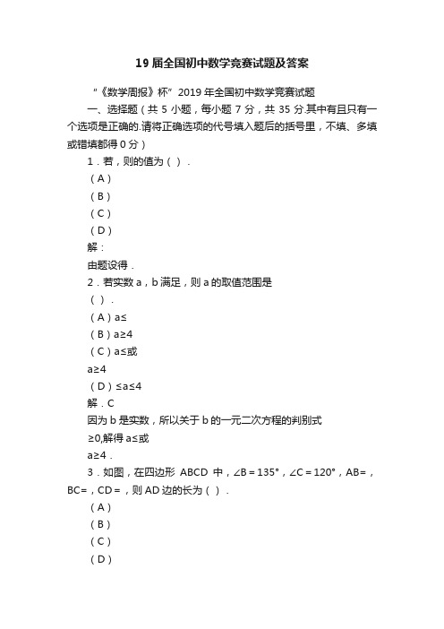 19届全国初中数学竞赛试题及答案