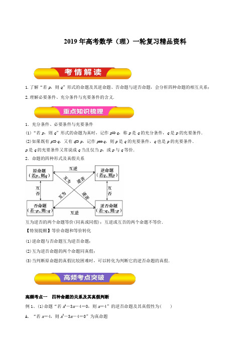 2019年高考数学(理)一轮复习精品资料专题02命题及其关系、充分条件与必要条件(教学案)含解析