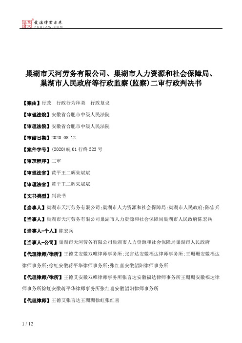 巢湖市天河劳务有限公司、巢湖市人力资源和社会保障局、巢湖市人民政府等行政监察(监察)二审行政判决书