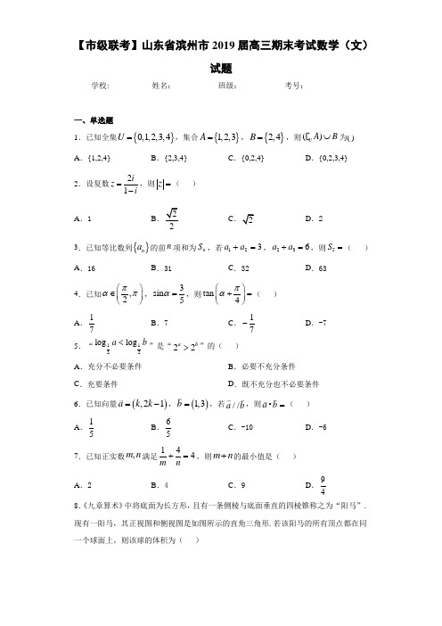 山东省滨州市2021届高三期末考试数学(文)试题