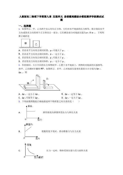 人教版初二物理下学期第九章 压强单元 易错题难题综合模拟测评学能测试试题