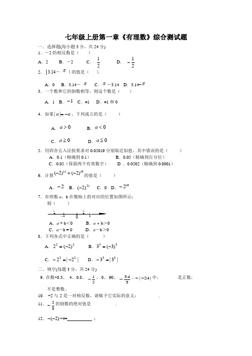 人教课标版七年级上第一章《有理数》综合测试题附答案