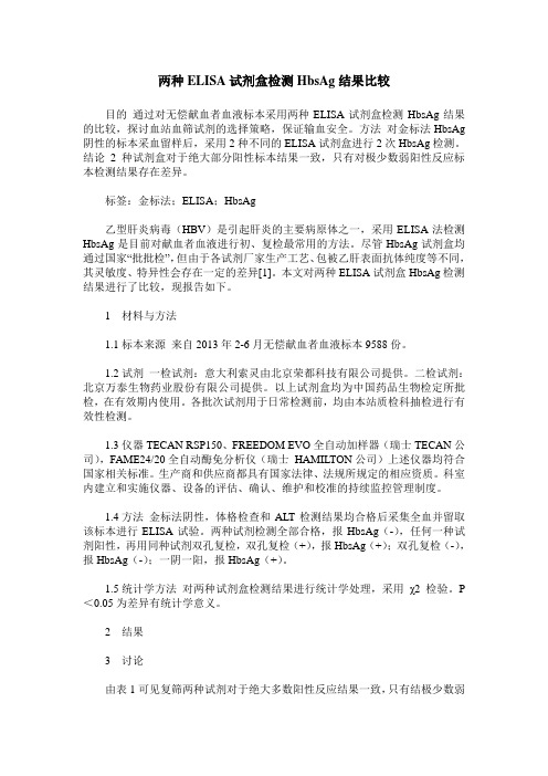 两种ELISA试剂盒检测HbsAg结果比较