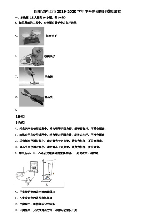 〖含中考模拟卷5套〗四川省内江市2019-2020学年中考物理四月模拟试卷含解析