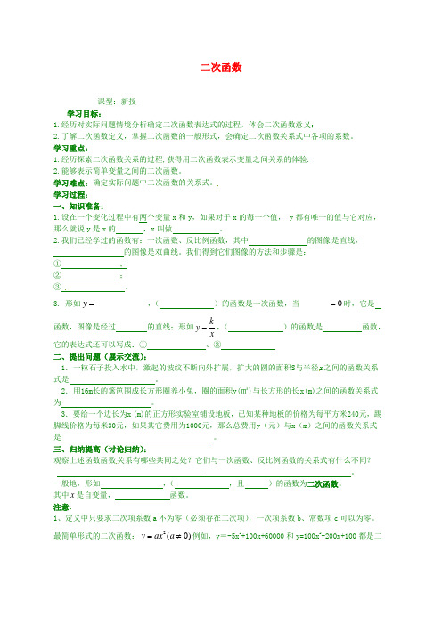 最新苏科初中数学九年级下《5.1 二次函数》word教案 (1)