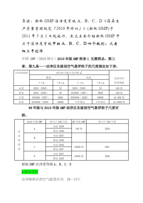 新版GMP洁净度等级A、B、C、D