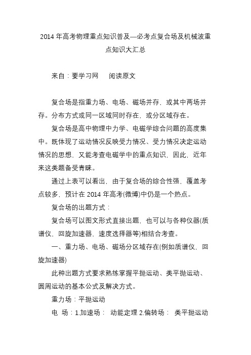 2014年高考物理重点知识普及必考点复合场及机械波重点知识大汇总