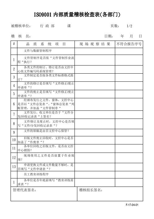 内部质量审核检查表-范例