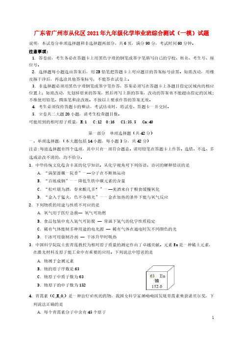 广东省广州市从化区2021年九年级化学毕业班综合测试一模试题附答案