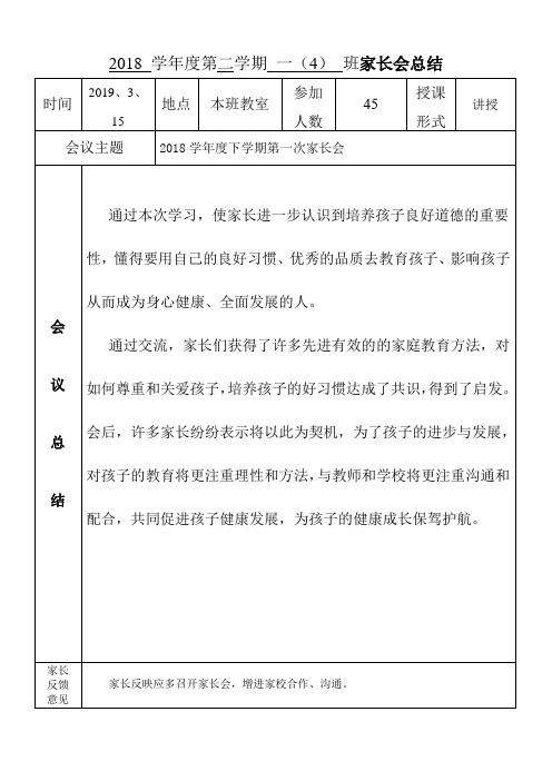 2018学年度第二学期一(4)班家长会活动总结