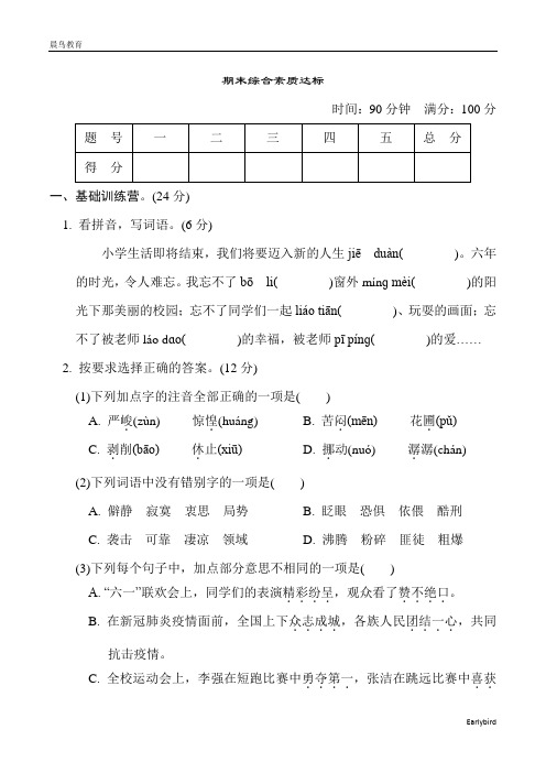 2023春人教版六年级语文下册 典中点 期末综合素质达标