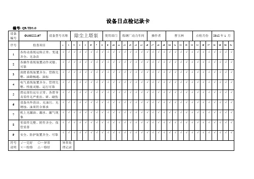 设备日点检记录卡 除尘上塔泵