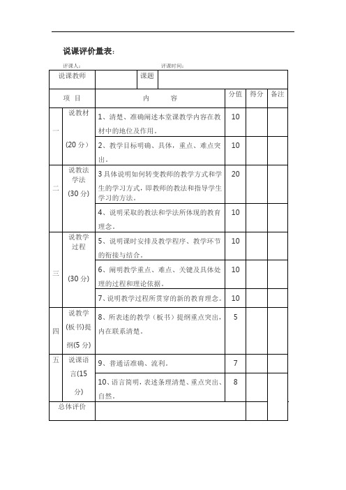 说课评价量表