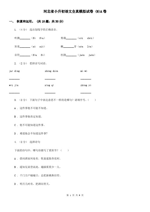 河北省小升初语文全真模拟试卷 (9)A卷