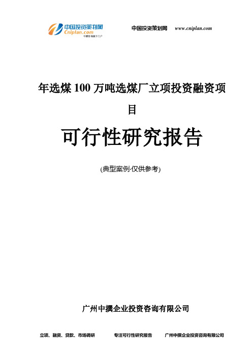 年选煤100万吨选煤厂融资投资立项项目可行性研究报告(中撰咨询)