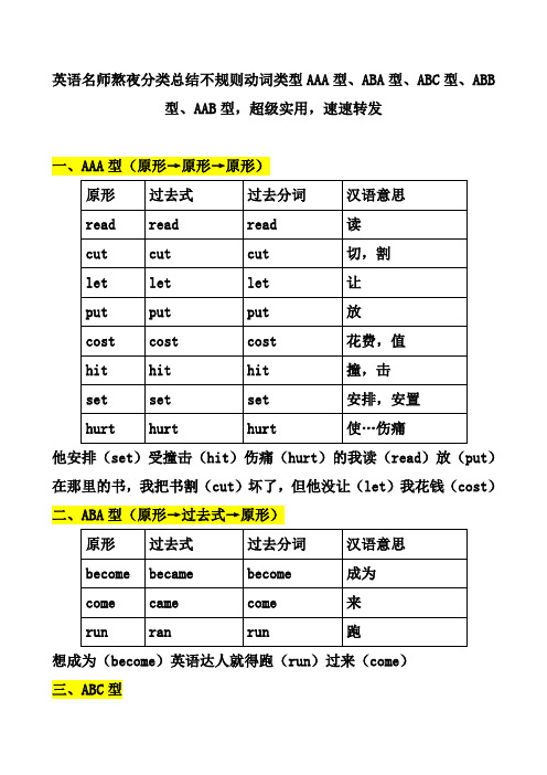 英语名师熬夜分类总结不规则动词类型AAA型、ABA型、ABC型、ABB型、AAB型,超级实用,速速转发