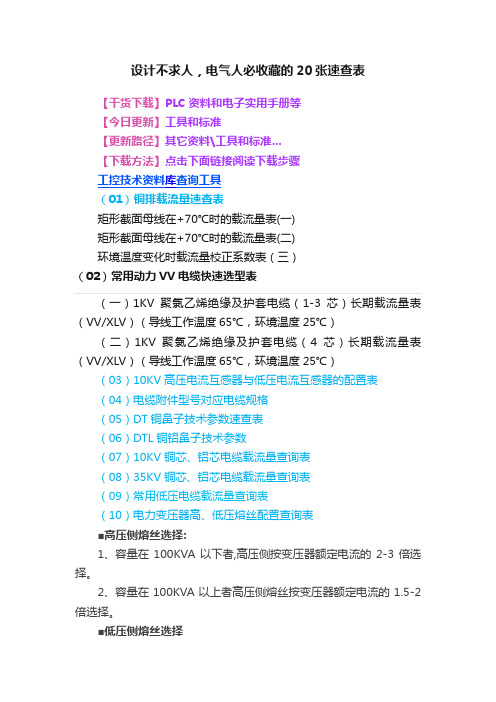 设计不求人，电气人必收藏的20张速查表