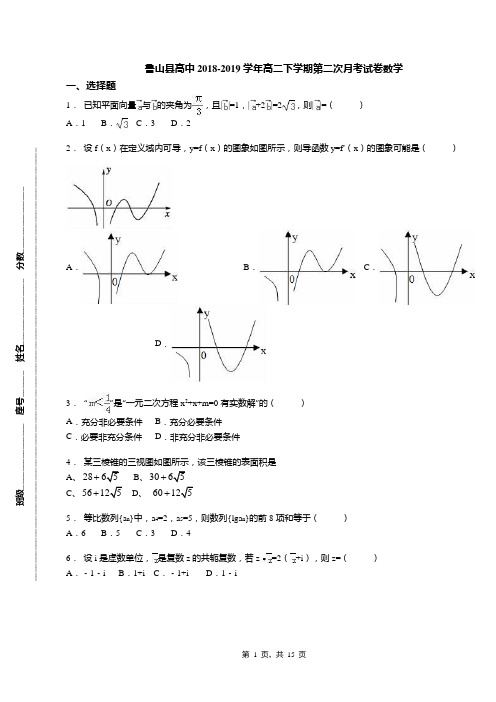 鲁山县高中2018-2019学年高二下学期第二次月考试卷数学