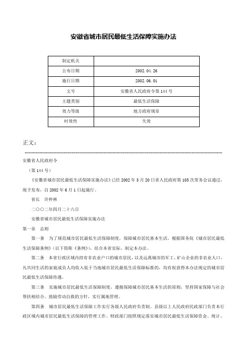 安徽省城市居民最低生活保障实施办法-安徽省人民政府令第144号