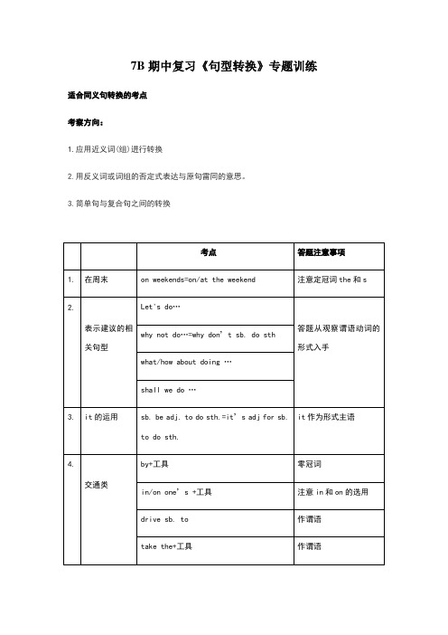 初一英语下学期期中复习《句型转换》专题训练(含答案)