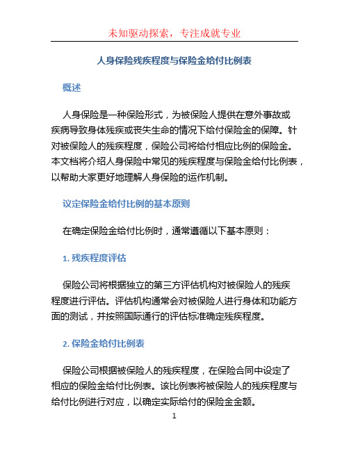 人身保险残疾程度与保险金给付比例表