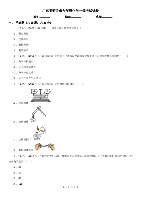 广东省韶关市九年级化学一模考试试卷