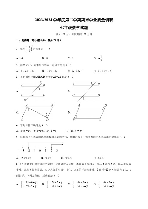 江苏省连云港市2023-2024学年七年级下学期期末数学试卷(含答案详解)