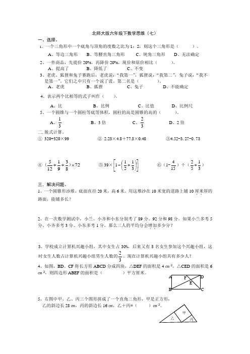 北师大版六年级下数学思维(七)