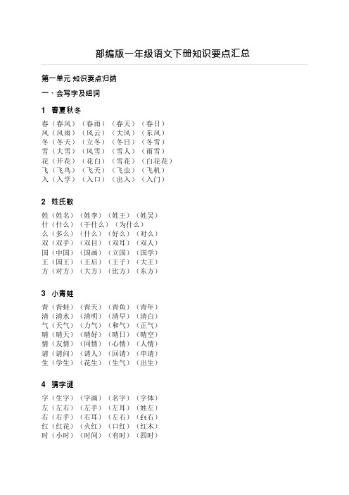 (完整)部编版一年级语文下册知识要点汇总,推荐文档