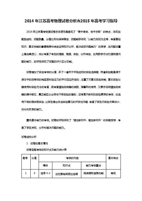 2014年江苏高考物理试卷分析2015年高考学习指导