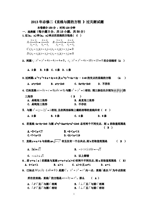 2013年必修二《直线与圆的方程 》过关测试题