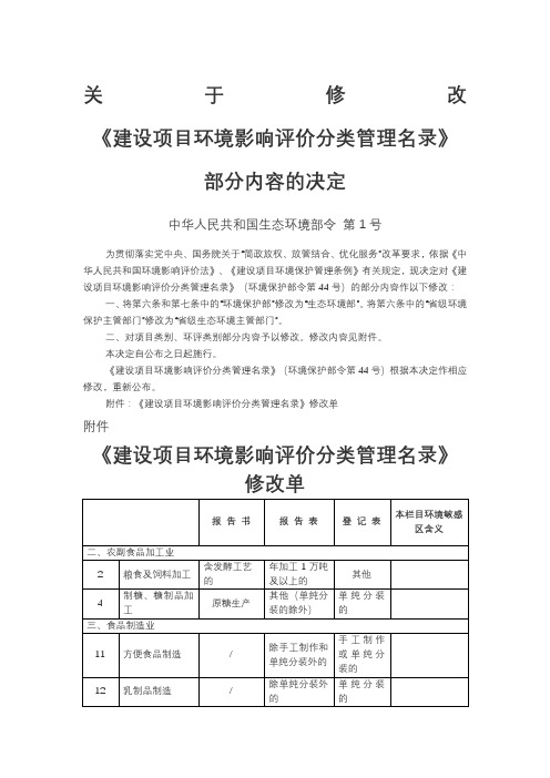 关于修改建设项目环境影响评价分类管理名录部分内容的决定