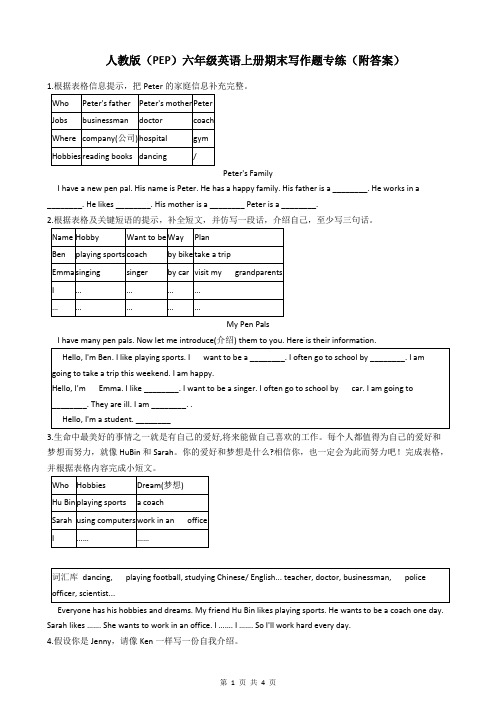 人教版(PEP)六年级英语上册期末写作题专练(附答案)